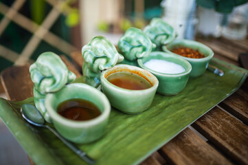 Thai food ingredients in elephant shaped bowls