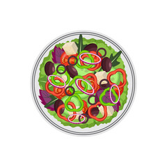 Bowl of greek salad with olives and cheese flat vector illustration isolated.