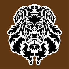 Hand drawn abstract portrait of a lion. Sticker. Vector stylized illustration isolated on brown background.