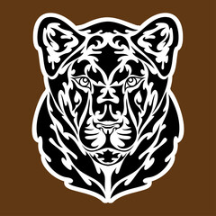 Hand drawn abstract portrait of a lioness. Sticker. Vector stylized illustration isolated on brown background.