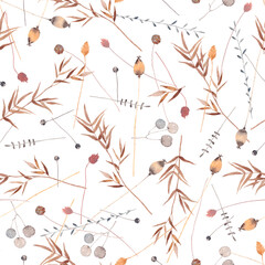Watercolor seamless pattern with cute plants, herbs. Vintage pattern.