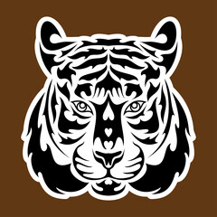 Hand drawn abstract portrait of a tiger. Sticker. Vector stylized illustration isolated on brown background.