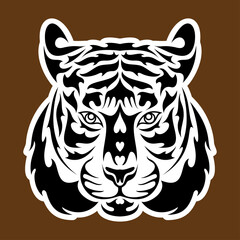 Hand drawn abstract portrait of a tiger. Sticker. Vector stylized illustration isolated on brown background.