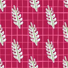 Green and white colored leaf branches ornament seamless pattern. Pink chequered background. Bright print.