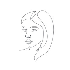 One line woman. Hand drawn portrait girl in minimalistic style. Beauty logo. Simple design. Continuous line drawing. 