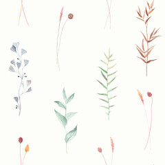 Wild flowers watercolor seamless pattern with abstract plants and flowers. Cute background.