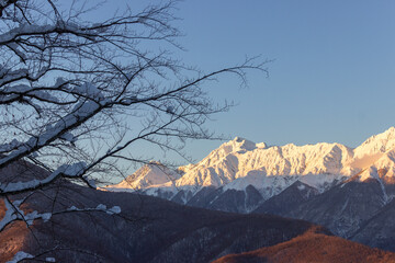 Mountain peaks covered with snow. Winter snow-covered forest in the mountains. Winter landscape. Beautiful blue sky..
