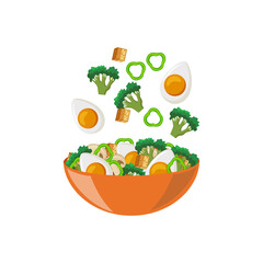 Bowl with salad consists of broccoli and eggs flat vector illustration isolated.