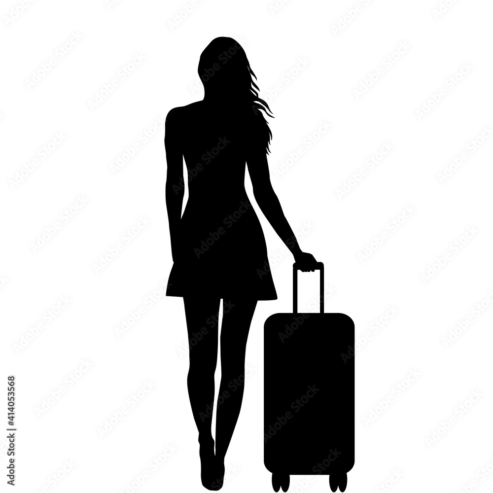 Wall mural full length of young female silhouette with travel bag, isolated on white background