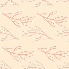 Fototapeta na wymiar Pastel tones seamless botanic pattern with simple branches silhouettes print. Pink light palette backdrop.