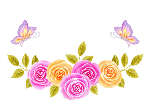 Hand drawn watercolor painting with pink and yellow roses flowers bouquet and two butterflies isolated on white background. Floral ornament. Design element.