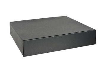 Paper cardboard gift box in black color on white background, close-up
