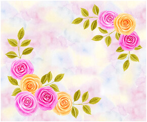 Hand drawn spring watercolor painting with pink and yellow roses flowers. Floral corner ornament on aquarelle summer background.