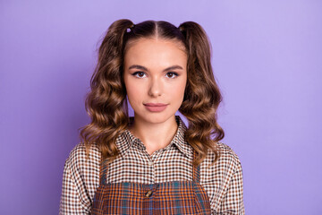 Photo of gorgeous wavy hairdo young school person look camera isolated on pastel violet color background