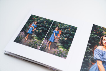 pages of photobook from photo shoots of a beautiful happy woman in the garden