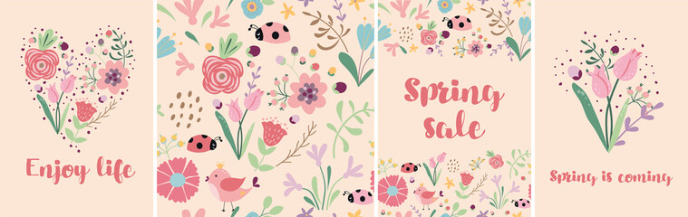 Spring floral banner set. Hand drawn pink flowers. Spring sale template, tulips, insect.