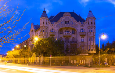 Fototapeta na wymiar Twilight image with Szeged streets with impressive architecture, Hungary