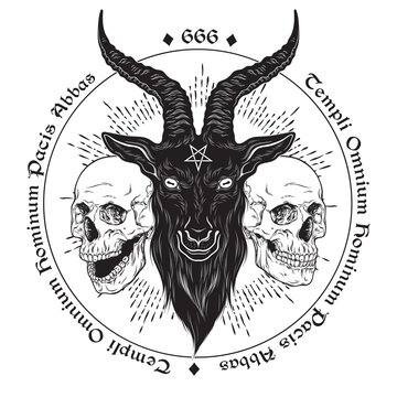 Baphomet demon goat head hand drawn print or blackwork flash tattoo art design vector illustration. Latin inscription translation - father of the temple of peace of all men.