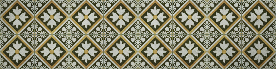 Seamless grunge worn vintage old green yellow mosaic tile mirror with leaves flowers rhombus...