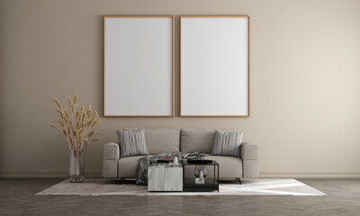 The Mock up canvas frame and furniture design in modern interior and beige wall background, living room, Scandinavian style, 3D render, 3D illustration 