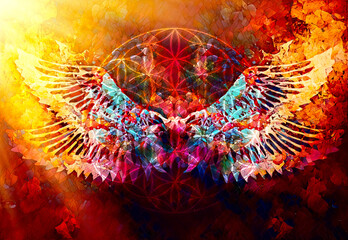 Merkaba and wing on abstract color background. Sacred geometry. - obrazy, fototapety, plakaty
