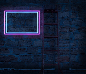 metal staircase and glowing neon frame made of blue and pink lamps on a brick wall background at night