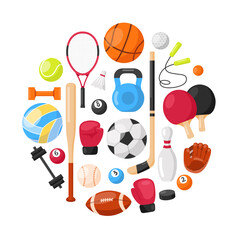Sports equipment background. Sport concept with balls and gaming items. Balls for football, basketball, volleyball, rugby, soccer, tennis,  golf. Athletic icons. Fitness equipment in round composition