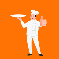 Happy chef cartoon portrait of young big guy cook wearing hat and chef uniform hold empty dish and do thumb up sign gesture and show to camera. Vector simple design.