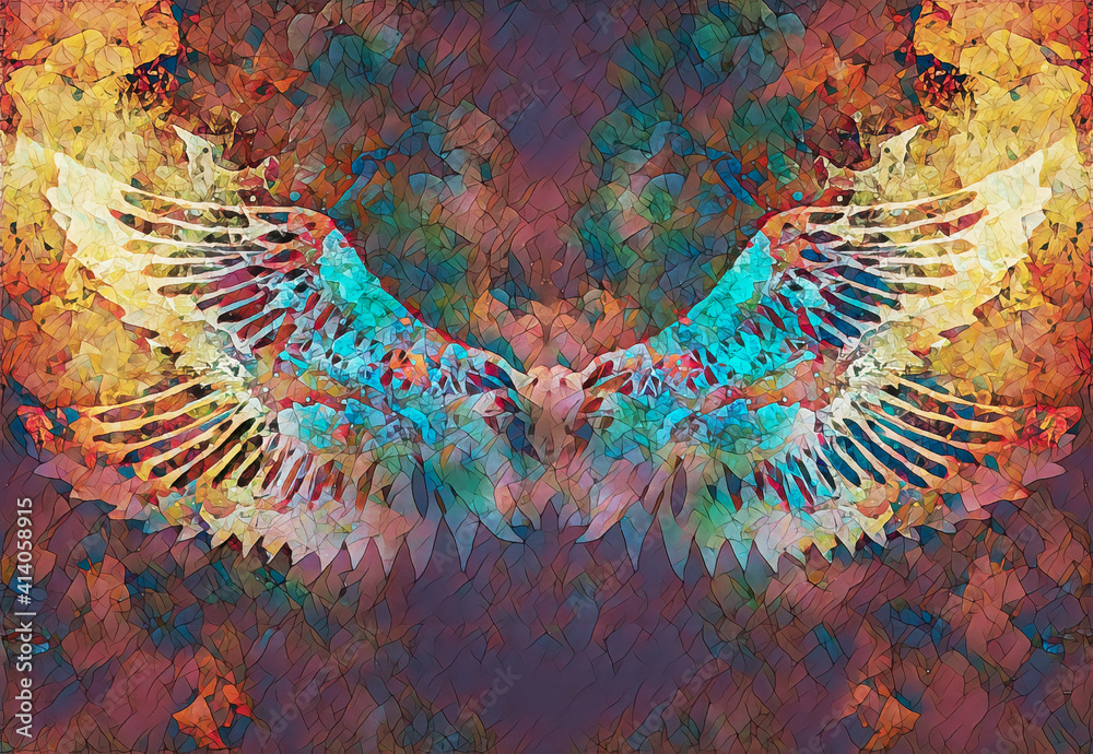 Poster feathers and mosaic structure on abstract background.