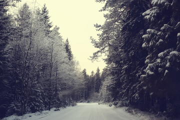 Fototapeta na wymiar winter road abstract landscape, seasonal path december snow