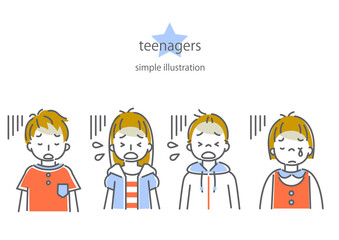 思い詰める10代男女のシンプルでおしゃれな線画イラストセット