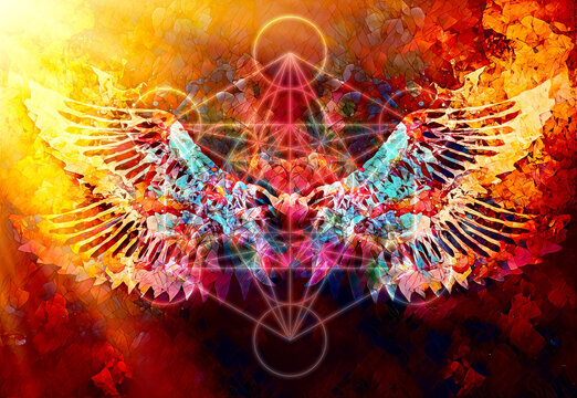 Merkaba and wing on abstract color background. Sacred geometry.