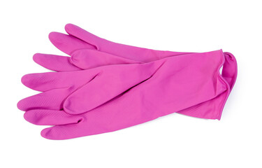 pair of pink protective rubber gloves for cleaning on a white background