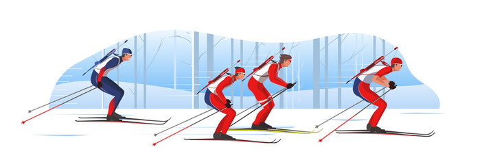 Biathletes in sportswear with riffles are skiing. Male Athletes participate in winter sports sprint competition. The leader of pelothon tries to win a race.Vector flat design web banner illustration