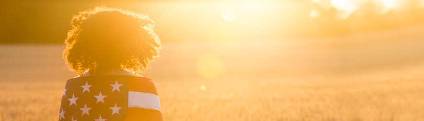 Panorama Girl Teenager Wrapped in USA Flag in Field at Sunset Panoramic Web Banner