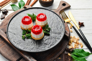 Dessert. Strawberry panna cotta. Candy bar. Top view. Rustic style.