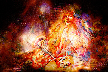 shamanic girl with frame drum on abstract structured space background.