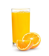 Fresh orange juice in glass or bottle with fruits, isolated on white