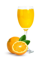 Fresh orange juice in glass or bottle with fruits, isolated on white