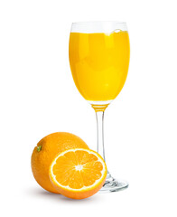 Fresh orange juice in glass or bottle with fruits, isolated on white