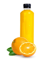 Fresh orange juice in glass or bottle with fruits, isolated on white