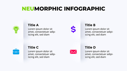 Neumorphic Vector Infographic. Presentation slide template. 4 options. Clean minimal flat style. 