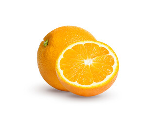 Fresh orange juice in glass or bottle with fruits, isolated on white