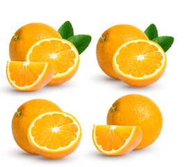 Fresh orange juice in glass or bottle with fruits, isolated on white