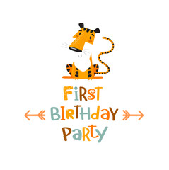poster with tiger and phrase "first birthday party". baby shower