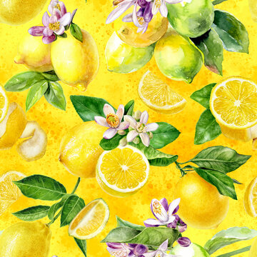 Watercolor seamless pattern lemons on a color background.