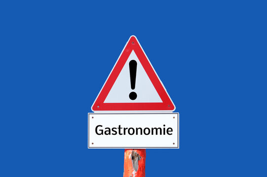 Warnschild Gastronomie auf blauen Hintergrund