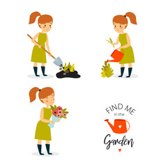 Big set with a gardener girl. A beautiful girl is planting flowers, watering flowers, collecting a bouquet. Ecology. Summer. Work in the garden. Florist. Cartoon character. Cartoon woman
