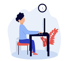 Working at home flat style illustration. Online career. Coworking space illustration. Young man freelancers working on laptop or computer at home. Study at home in quarantine