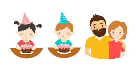 Family celebrate a birthday. A girl blows out candles, a boy blows out candles on a cake. Parents are hugging. A fun family holiday. 